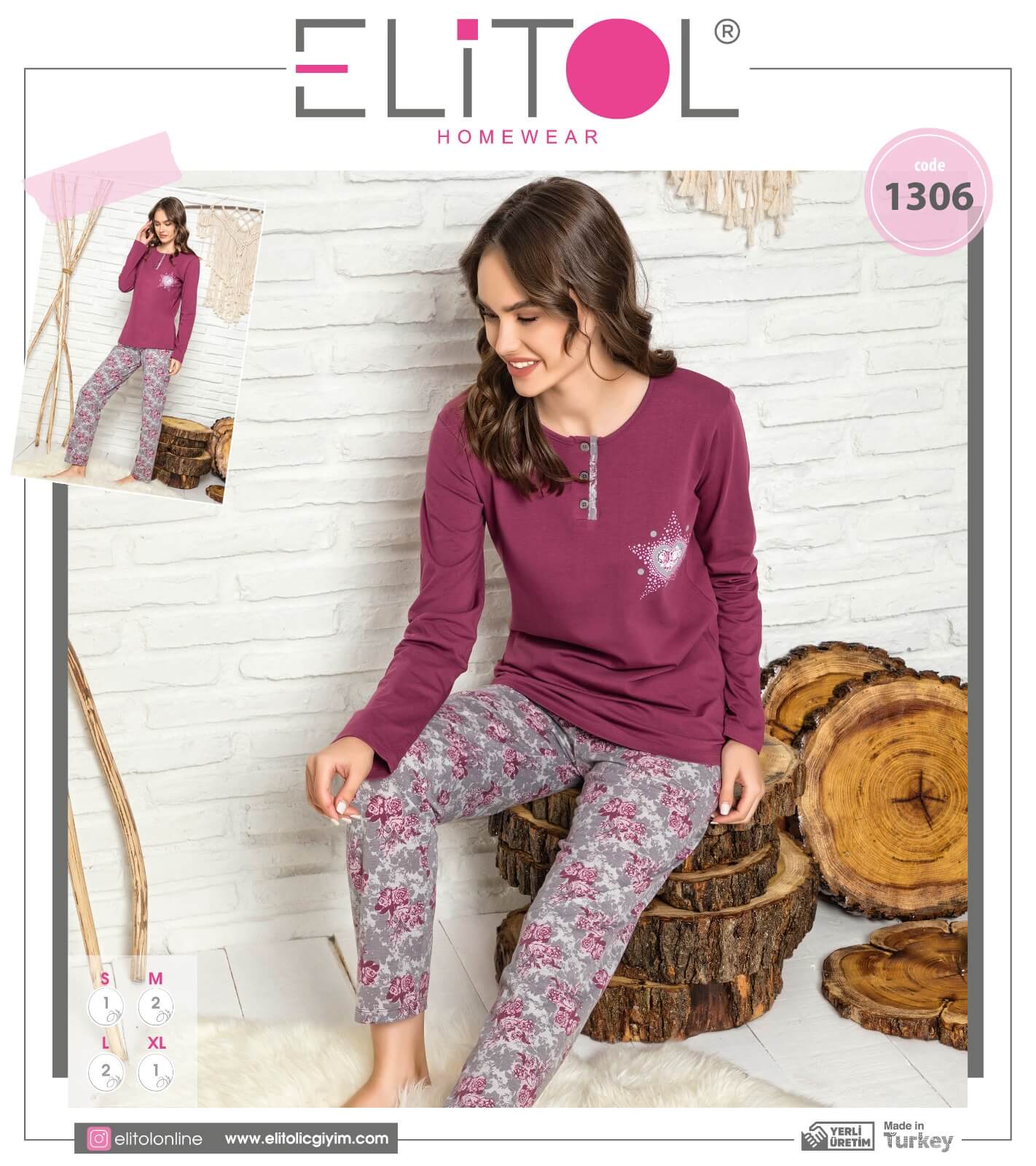 Pyžamo dámske ELiTOL 1306 dlhé bordová